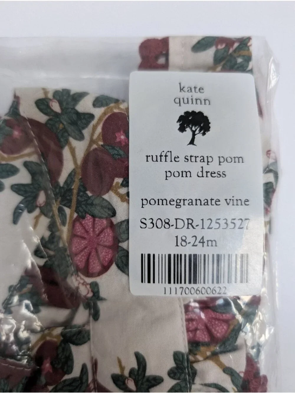 Pomegranate Vine Ruffle Strap Pom Pom Dress 18-24 Kate Quinn Organic Cotton